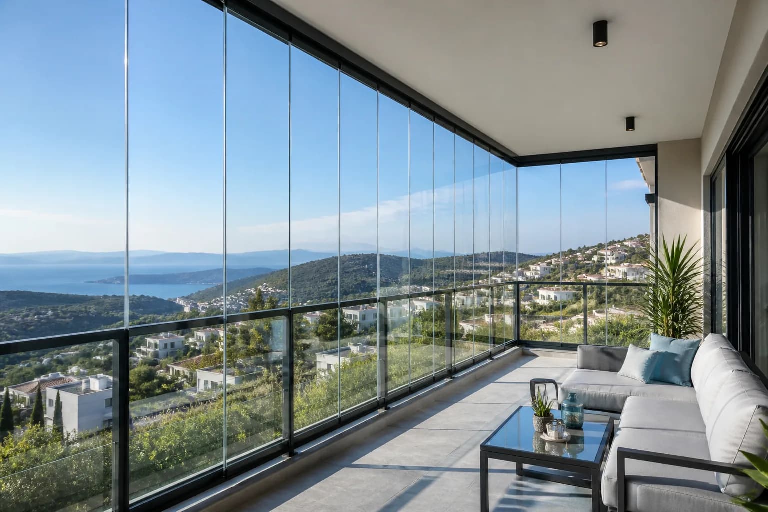 Aydın glass balcony systems — sunlit modern glass balcony facade