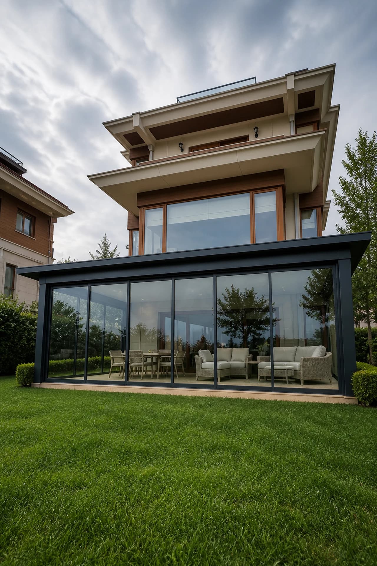 Bahçe cam salon panoramik görünüm