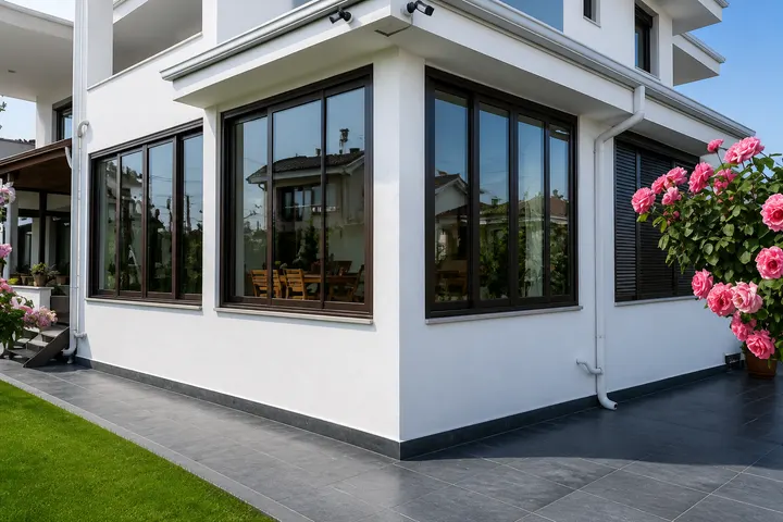 Beyaz villa köşe sürme cam ve gül bahçesi
