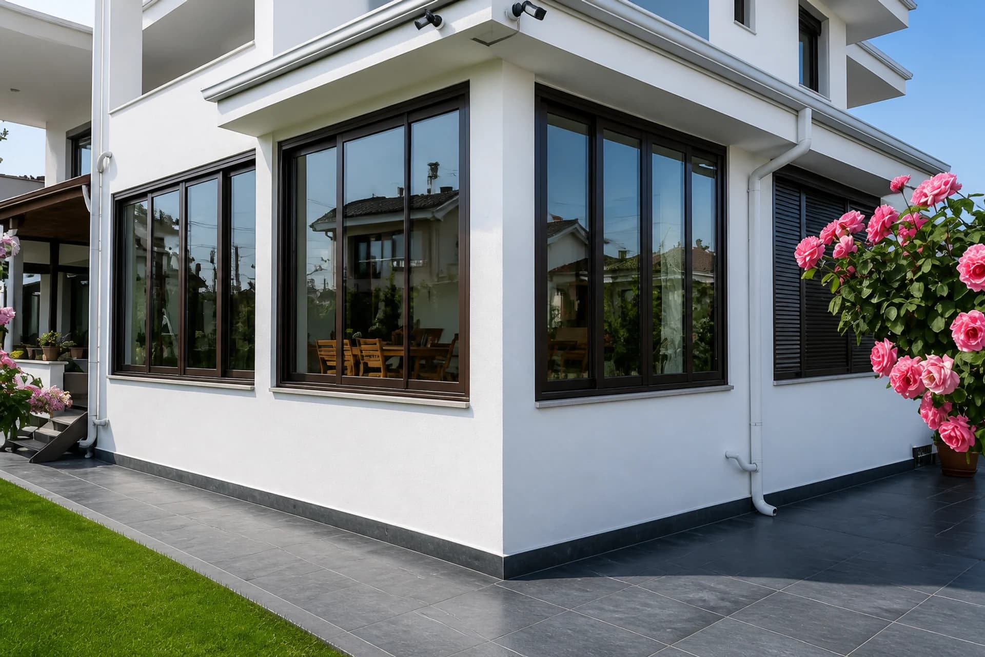 Beyaz villa köşe sürme cam ve gül bahçesi