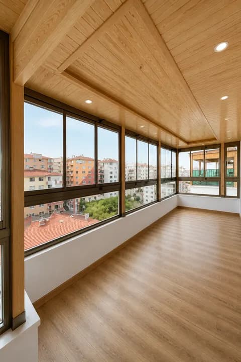 Ahşap tavanlı cam balkon terası iç mekân görünümü