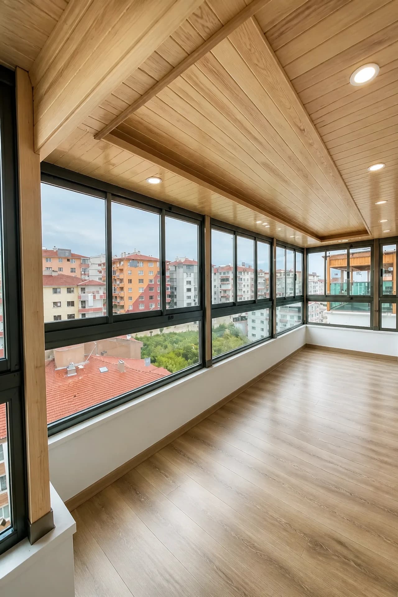 Cam balkon terası uzun koridor perspektifi